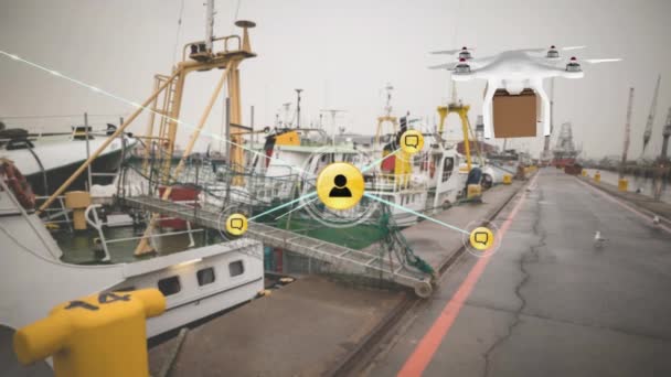 港で荷物を運ぶ飛行ドローンに対するデジタルアイコンのネットワークのアニメーション グローバルネットワークと物流ビジネス技術の概念 — ストック動画