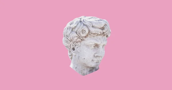 Close up of ancient sculpture male head and copy space on pink background. Ancient art, sculpture and culture concept digitally generated image.