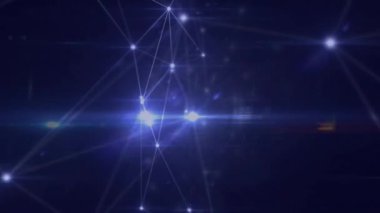 Lens fişeklerinin üzerindeki çizgilerle soyut arkaplanı birleştiren noktaların animasyonu. Dijital olarak üretilmiş, hologram, illüstrasyon, aydınlanma, iletişim ve teknoloji konsepti.