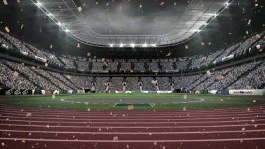 Spor stadyumunun üzerine düşen konfeti animasyonu. Spor kutlaması ve yarışma konsepti dijital olarak oluşturulmuş video.