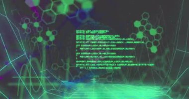 Dönen dünya ve metaevren yapıları üzerinde veri işleme ve kimyasal yapıların animasyonu. Bilgisayar arayüzü ve iş teknolojisi kavramı