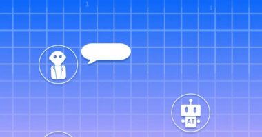 Hawaii robotu sohbetinin animasyonu ve mavi arkaplandaki konuşma baloncukları üzerindeki ikili kodlama. Yapay zeka, robot sohbet ve dijital arayüz konsepti dijital olarak oluşturulmuş video.