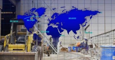 Arka planda parketmiş kepçe yükleyicilerin üzerinde numaralar ve çizgiler olan haritanın animasyonu. Dijital bileşik, çoklu pozlama, küresel, rakamlar, inşaat alanı ve teknoloji kavramı.