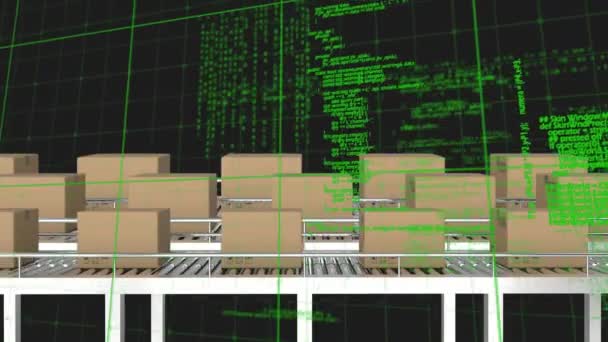 Animation Von Gittermustern Und Computersprache Über Kartons Auf Förderbändern Digital — Stockvideo