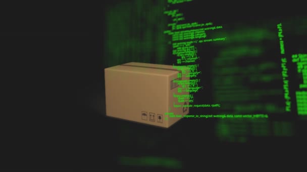 Animation Eines Herabfallenden Kartons Über Computersprache Vor Schwarzem Hintergrund Digital — Stockvideo