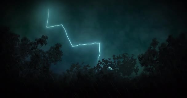 Animation Blixtnedslag Slår Över Träd Och Stormiga Mulen Himmel Väder — Stockvideo