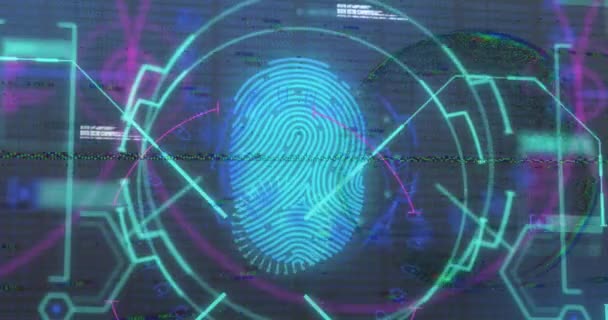 生体認証指紋スキャナーと地球上のデータ処理とスコープスキャンのアニメーション サイバーセキュリティとビジネステクノロジーの概念 — ストック動画