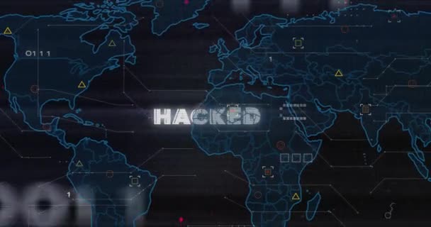 Animación Texto Hackeado Patrón Placa Circuito Sobre Mapa Códigos Binarios — Vídeo de stock