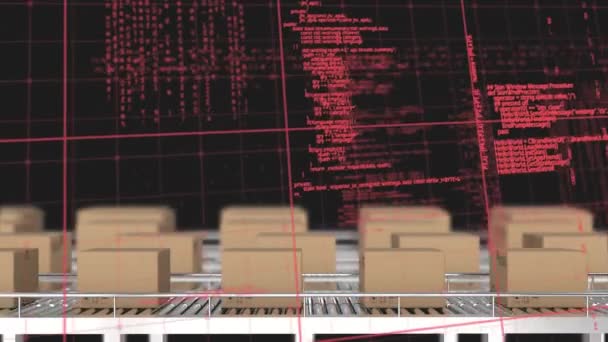 黒を背景にした段ボール箱の上にグリッドパターンとコンピュータ言語のアニメーション デジタル複合材 複数の露光 コーディング 機械学習 テクノロジー — ストック動画