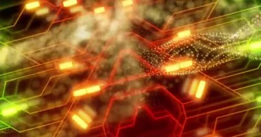 Sarı ağ animasyonu, bilgisayar devre kartında veri işleme. Küresel çevrimiçi güvenlik, veri işleme, dijital arayüz ve bağlantılar konsepti dijital olarak oluşturuldu.