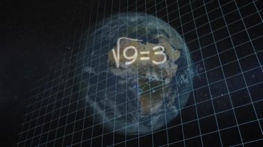 Matematiksel denklemlerin animasyonu ve siyah arkaplan üzerindeki dünya. Küresel eğitim ve dijital arayüz kavramı dijital olarak oluşturulmuş video.