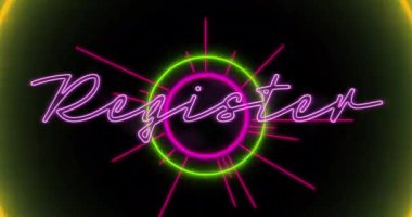 Neon dairelerin animasyonu ve siyah arkaplan üzerine metin kaydı. Sosyal medya ve dijital arayüz konsepti dijital olarak oluşturulmuş video.