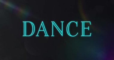 Işık noktaları animasyonu ve siyah arkaplanda dans metni. Sosyal medya ve dijital arayüz konsepti dijital olarak oluşturulmuş video.