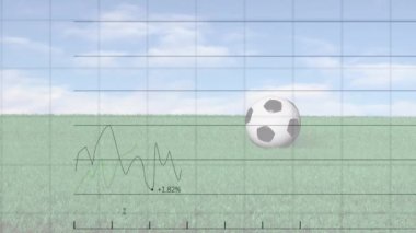 Futbol sahasında yeşil çizgiyle finansal veri işleme animasyonu. Küresel spor, iş, finans, bilgisayar ve veri işleme kavramı dijital olarak oluşturulmuş video.
