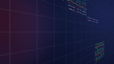 Karanlık arka planda finansal veri işleme sisteminin animasyonu. Küresel iş, finans, hesaplama ve veri işleme kavramı dijital olarak oluşturulmuş video.