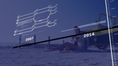 Arabayla gitar çalan beyaz bir kadın hakkında finansal veri işleme animasyonu. Küresel otomobil endüstrisi, iş dünyası, finans, bilgisayar ve veri işleme kavramı dijital olarak oluşturuldu.