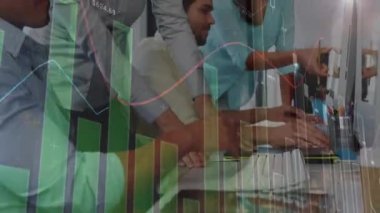 Animation of financial data processing over diverse business people working in office. Global business, finances, computing and data processing concept digitally generated video.