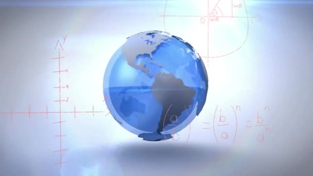 Animation Der Globusdrehung Und Mathematischer Formeln Auf Weißem Hintergrund Globales — Stockvideo