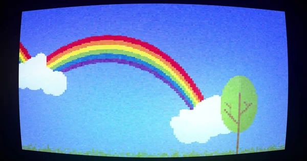 Afbeelding Van Regenbogen Witte Wolken Blauw Scherm Met Glitch Regenboog — Stockfoto