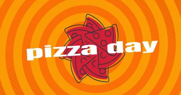 Image of pizza day over pizza icons on orange background. celebration and digital interface concept digitally generated image.