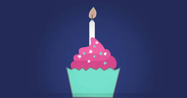 Kép Cupcake Gyertyával Kék Háttér Ünnepi Party Digitális Interfész Koncepció — Stock Fotó