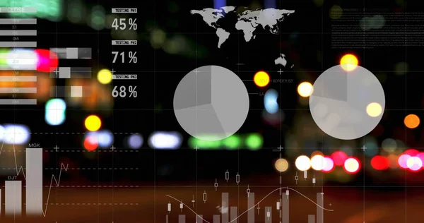 Afbeelding Van Statistische Verwerking Uit Focus Lichten Stadsgezicht Bedrijfs Gegevensverwerkings — Stockfoto