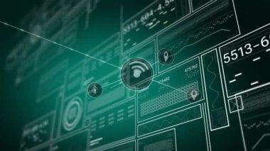 Dikdörtgenlerdeki değişen sayılar ve yeşil arkaplandaki daireler üzerine bağlı simgelerin canlandırılması. Dijital olarak üretilmiş, hologram, iletişim, büyüme, iş, yön ve teknoloji kavramı.