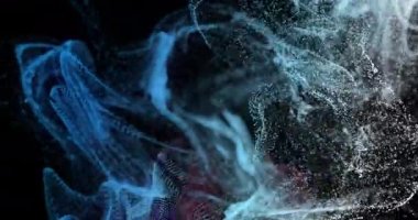 Çok renkli noktaların animasyonu siyah arkaplana karşı dinamik dalgalar oluşturuyor. Dijital olarak üretilmiş, hologram, illüstrasyon, aydınlatılmış, veri, bağlantı, fütüristik, parçacık ve teknoloji.