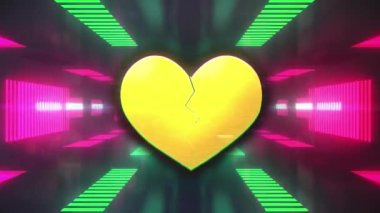 Aydınlatılmış çizgilerin üzerinde kırık kalp şeklinin canlandırılması siyah arkaplana karşı tünel oluşturuyor. Dijital olarak üretilmiş, hologram, illüstrasyon, emoji, sosyal medya ve teknoloji kavramı.