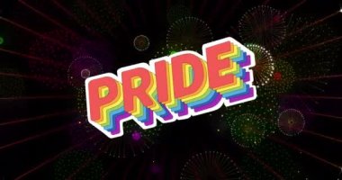 Gururlu gökkuşağı metninin animasyonu ve siyah arka planda patlayan havai fişekler. Gurur ayı, lgbtq, insan hakları ve eşitlik kavramı dijital olarak oluşturulmuş video.