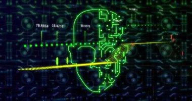 Çevrimiçi biyometrik yüz animasyonu, bilgisayar devre kartından veri işleme. Küresel çevrimiçi güvenlik, veri işleme, dijital arayüz ve bağlantılar konsepti dijital olarak oluşturuldu.