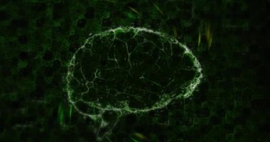 Siyah arkaplandaki yeşil şekillerin üzerinde dönen beynin animasyonu. Soyut arkaplan ve şablon kavramı dijital olarak oluşturuldu.