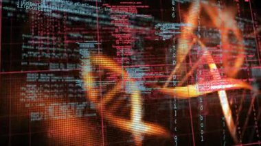 Dönen DNA iplikçikleri üzerinde veri işleme animasyonu. Küresel bilim, araştırma, işletme, finans, bilgisayar ve veri işleme kavramı dijital olarak oluşturulmuş video.