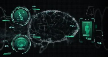 DNA dizilimi, insan beyni ve bilimsel veri işleme animasyonu. Küresel tıp, bilim, araştırma ve veri işleme kavramı dijital olarak oluşturulmuş video.