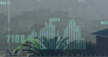 Animation of financial data processing over cityscape. Global business, finances, computing and data processing concept digitally generated video.