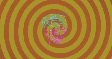 Turuncu daireler üzerinde parti zamanı metin ve radyo ikonunun animasyonu. Parti, kutlama ve dijital arayüz kavramı dijital olarak oluşturuldu.