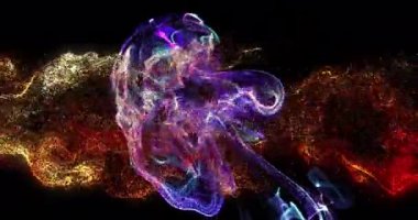 Çok renkli noktaların animasyonu siyah arkaplana karşı dinamik dalgalar oluşturuyor. Dijital olarak üretilmiş, hologram, illüstrasyon, aydınlatılmış, veri, bağlantı, parçacıklar, geleceksel, teknoloji.
