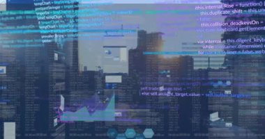 Şehir manzarasının havadan görüntüsüne karşı istatistiksel veri işleme animasyonu. Bilgisayar arayüzü ve iş veri teknolojisi kavramı