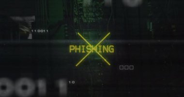 Sunucu odasının üzerindeki yazı ve bilgisayar panosunun canlandırması. Küresel iş ve dijital arayüz kavramı dijital olarak oluşturulmuş video.