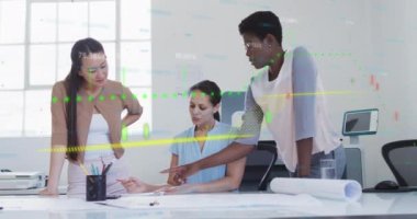 Animation of data processing over diverse business people talking in office. Global business and digital interface concept digitally generated video.
