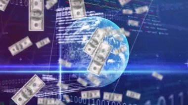 Amerikan dolarlarının animasyonu, ikili kodlama, dünya çapında finansal veri işleme. Küresel iş, finans, hesaplama ve veri işleme kavramı dijital olarak oluşturulmuş video.