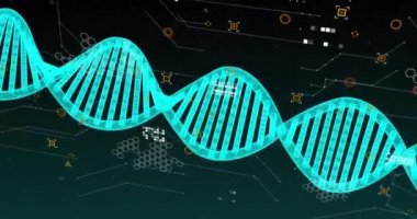 DNA ipliği, işaretleyiciler ve veri işleme animasyonu. Küresel bilim, araştırma, hesaplama ve veri işleme kavramı dijital olarak oluşturulmuş video.