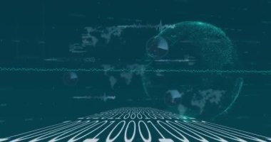 Dünya üzerinde veri işleme ve ikili kodlama animasyonu ve kara zemin üzerinde dünya haritası. Küresel iş ve dijital arayüz kavramı dijital olarak oluşturulmuş video.