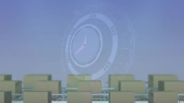 Veri işleme ve taşıma bandındaki kutuların üzerindeki saat animasyonları. Sosyal medya ve dijital arayüz konsepti dijital olarak oluşturulmuş video.