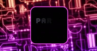 Parti metninin canlandırılması, bilgisayar devre kartında veri işleme. Küresel eğlence, veri işleme, dijital arayüz ve bağlantılar konsepti dijital olarak oluşturulmuş video.