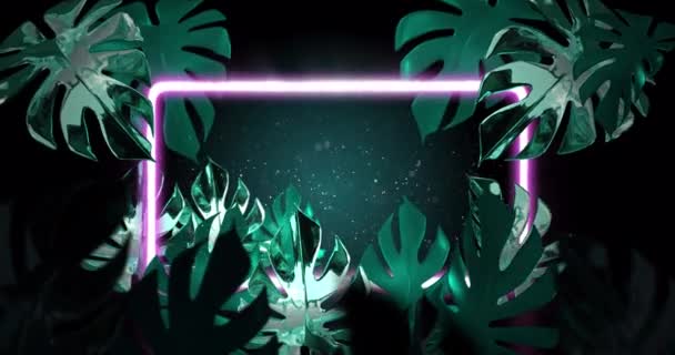 Анімація Зеленого Тропічного Листя Рожевим Неоновим Каркасом Темному Тлі Тропічні — стокове відео