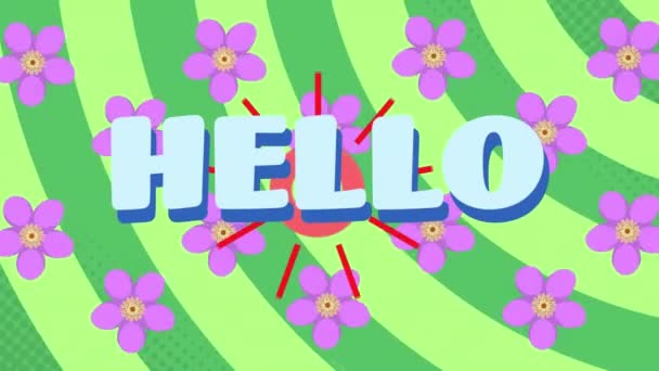 Animasjon Hallo Tekst Blomster Sirkler Grønn Bakgrunn Digitalt Generert Video – stockvideo
