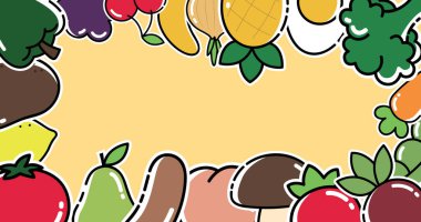 Sarı arka planda hareket eden sebze görüntüsü. Mutfak, yemek ve yemek konsepti dijital olarak üretilen imaj.