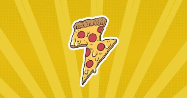 Sarı arka planda çizgili pizza simgeleri. kutlama ve dijital arayüz konsepti dijital olarak oluşturulmuş görüntü.