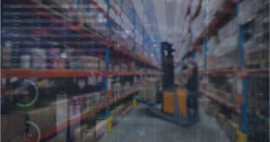 Grafiklerin ve verilerin depo üzerindeki görüntüsü. İş, finans ve dağıtım hizmetleri konsepti dijital olarak oluşturulmuş imaj.